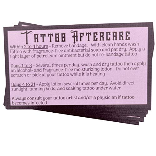 100 Pink Tattoo Aftercare Instruction Cards (3.5” X 2” inches) Pink Tattoo Aftercare Cards