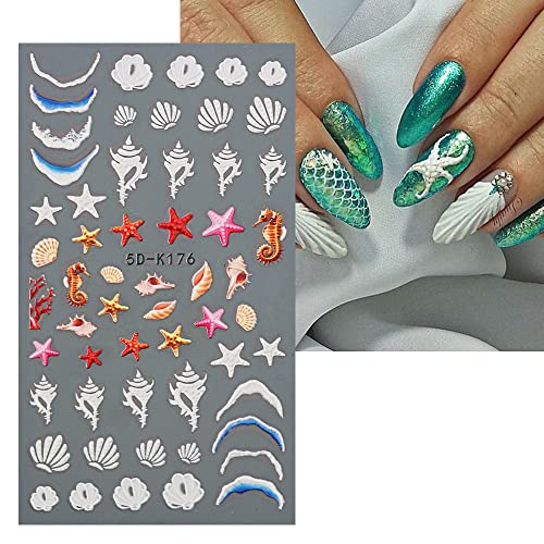 4 Sheets 5D Summer Nail Stickers For Nail Art Decals, Self-Adhesive Nail Art Supplies Ocean Starfish Jellyfish Sea Wave Nail Design Diy Acrylic Nail Decorations For Women #TOP6