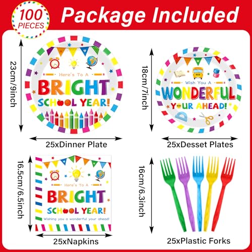 Image of 100PCS Back To School Decorations School Season Supplies Paper Plates Napkins Disposable White Bottom Colorful Pattern Tableware Dinnerware for Student Birthday Picnic First Day of School Serves 25