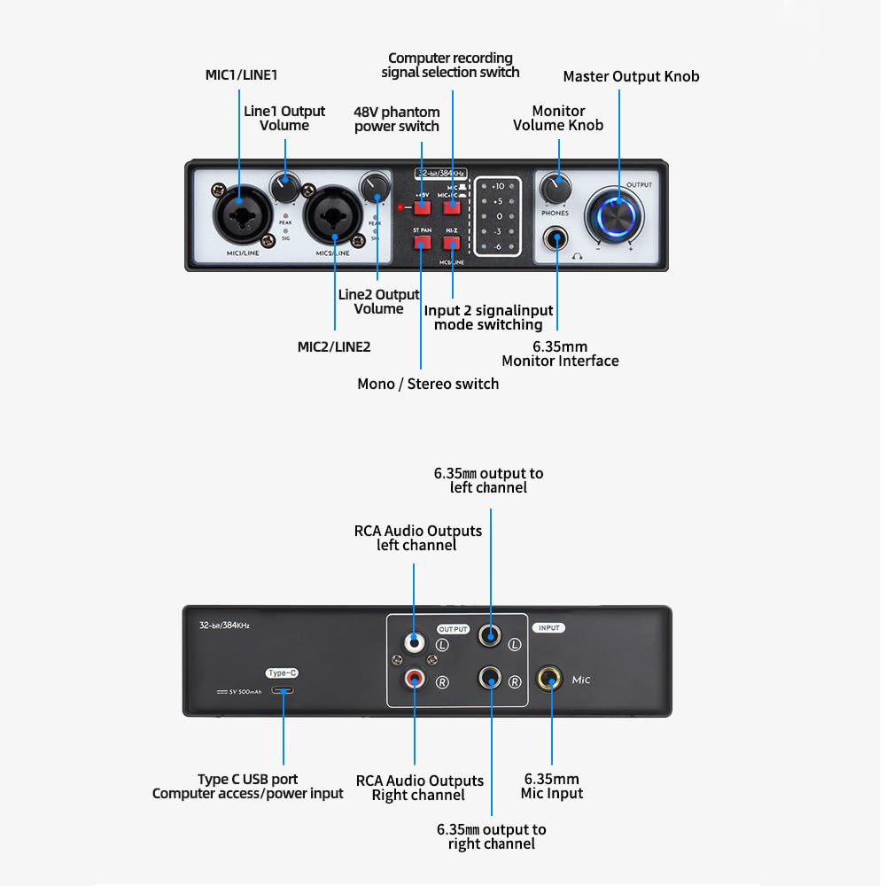 Btuty Interfaz de audio de 4 canales Tarjeta de sonido de grabación con controlador Interfaz de audio gratuita Tarjeta de sonido USB 2 entradas y 2 salidas Alimentación fantasma 24 bit/192 kHz 48 V