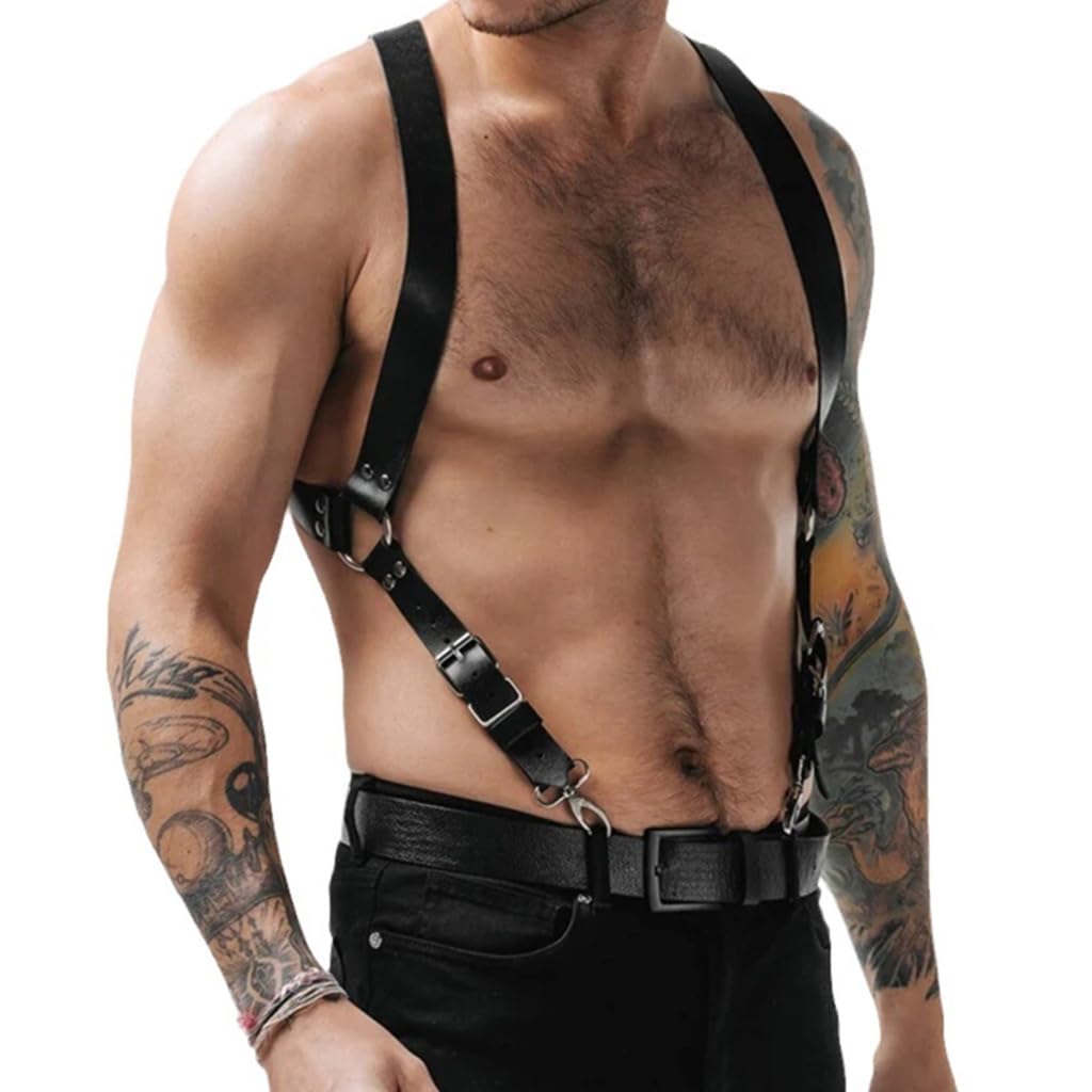 KADSXIYA Men Suspender PU Leather Harness Men Punk Chest Shoulder Belt Braces Shirt Belt, Black, As derailed discription