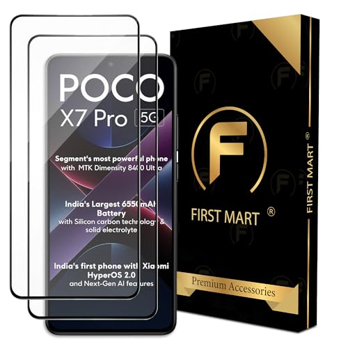 Image of FIRST MART Military-Grade Gorilla Tempered Glass Compatible For Poco X7 Pro (6.67 Inch) With Edge To Edge Screen Coverage and Easy Installation Kit | Black, Pack of 2