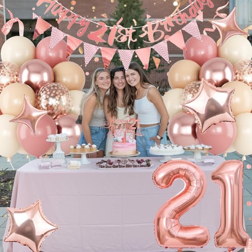 Image of Jobkoo 21st Birthday Decorations for Her, Retro Pink Nude Number 21 Balloon Set Happy 21st Birthday Banner Cake Topper Dusty Pink Beige Rosegold Star Balloons for Women 21 Year Old Bday Party Decor
