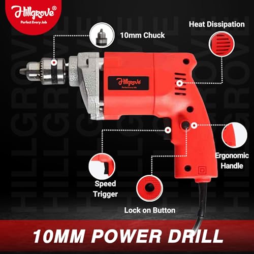 Image of Hillgrove HGCM1104M2 500W Power Drill Machine with 5Pcs Wood Drill Bits for Making Holes in Metal /Wood /Concrete Pistol Grip Drill (10 mm Chuck Size)