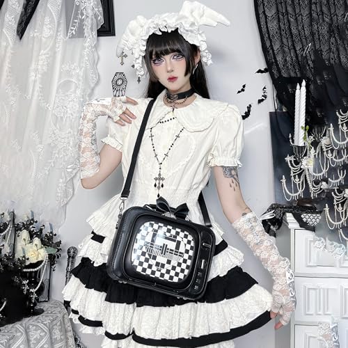Image of Women TV Shape Gothic Ita Bag Shoulder Bag Halloween Backpack Fun female Clear Window Anime Pins Display Purse (ALL BLACK)