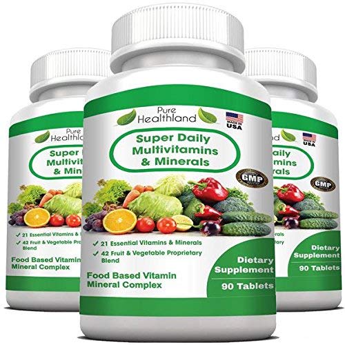 Food Based Super Daily Multivitamin Supplement Non GMO Tablets Best for Adult Men Women Seniors with 42 Natural Fruits Vegetables Blend, 21 Essential Vitamins Minerals. 90 Tablets. 3 Bottles