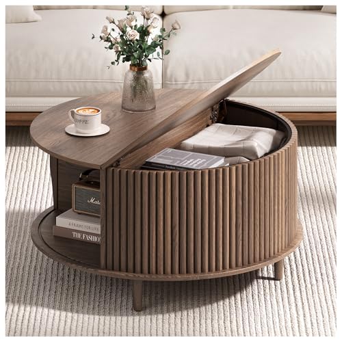 JOINICE,Round Coffee Table with Storage, 31.5' Fluted Center Table for Living Room, Modern...
