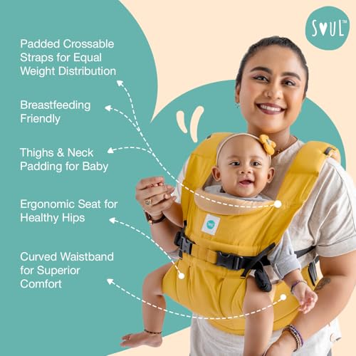 Image of SOULSLINGS 4-in-1 Lali Baby Carrier Bag - Mustard - Cotton | Compact & Lightweight (400g) | Adjustable for 0-24 Months (4-15kg) | Machine Washable & Handwashable | Breastfeeding Friendly