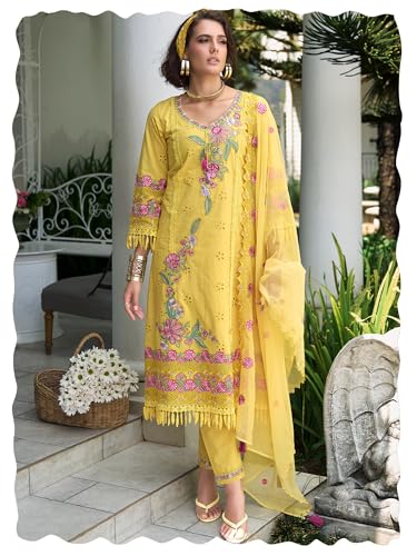 Image of INDO ERA Women's Straight Pure Cotton Floral Embroidered Kurta & Pant with Dupatta Set (IEOUT11423)