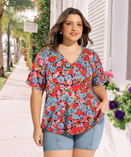 Image of TIYOMI Plus Size Tops for Women V Neck Tshirts Basic Tunic Casual Hawaii Floral Tie Dye Camo Summer Short Sleeve Tee XL-5XL