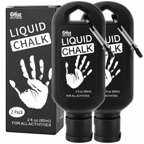 OUTTDOZ Liquid Chalk 2 Pack 2 oz Gym Chalk with Carabiner Bottles & Retail Box Mess-Free Sweat-Resistant Grip for Weightlifting Gymnastics Rock Climbing (2 Pack 2 oz)