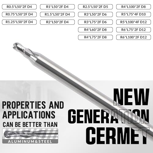 Image of MYS Cermet Ball Nose End Mill -2 Flute-0.5mm, 0.75mm, 1.25mm, 1mm, 1.5mm for Drill Press & Milling Machine,CNC Router Bits Carbide Speed Square for Medium &Low-Carbon Steel (R1.25-L50-D4)
