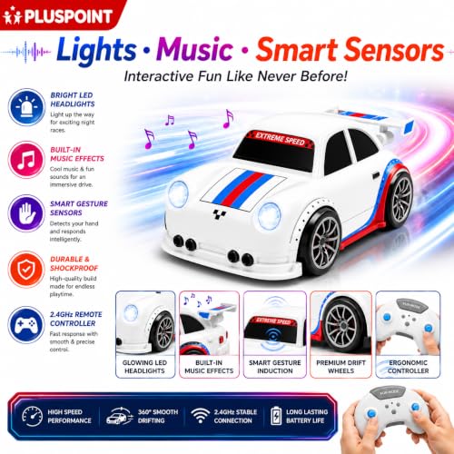 Image of PLUSPOINT Smart RC Drift Toy Car for Kids | 2.4GHz Remote Control Car with Gesture Induction, Auto Follow, LED Lights & Music | Rechargeable Drift Racing Car for Boys & Girls Age 3+