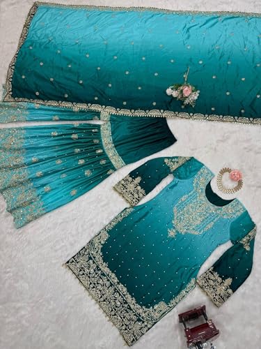 Image of Pandadi Saree Women's Chinon Silk Embroidery Kurta Sharara Set With Dupatta.