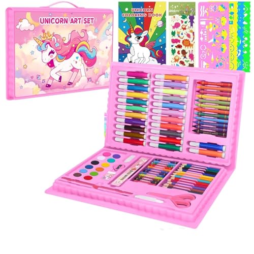Kit Pintura Infantil Completo 150 Peças – Maleta de Pintura Infantil com Aquarelas, Lápis, Canetinhas Coloridas, Giz de Cera e Acessórios – Kit de Pintura Perfeito para Crianças e Iniciantes! (Rosa)