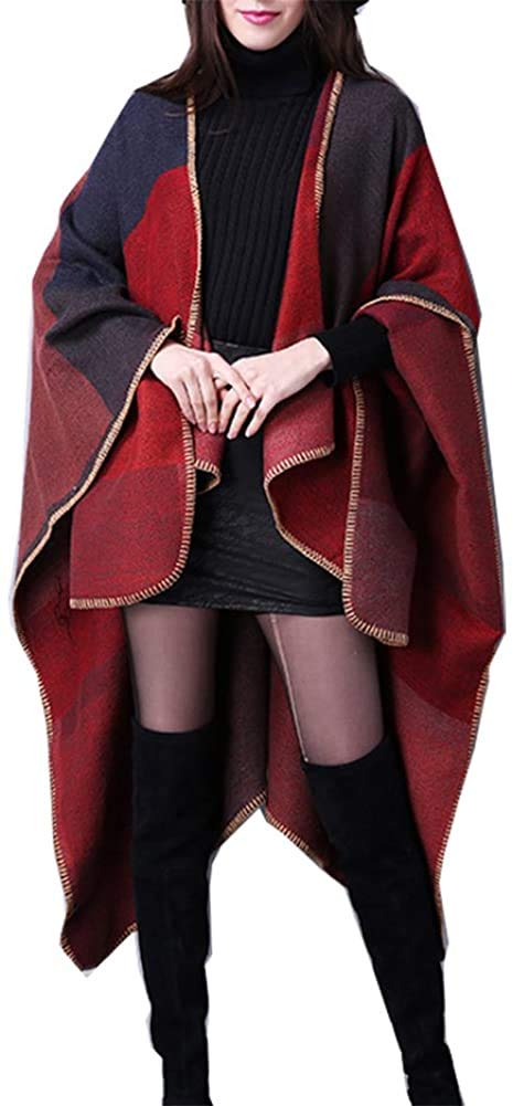 Siehin Women Winter Poncho Bohemia Long Cape Geometric Pattern Oversized Shawl Open Front Cardigans (Pattern 1)