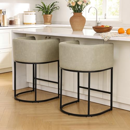 Image of 26 inch Counter Height Bar Stools Set of 3, Faux Leather Upholstered Barrel Chairs with Back and Arms, Metal Frame Kitchen Island Stools with Footrest, Stone Gray