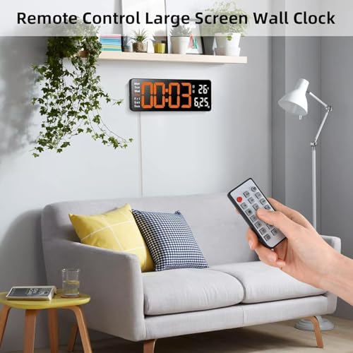 Image of EASEPRES 16 inch Digital Wall Clock with Remote Control - LED Display, Auto-Dimming, Countdown Timer, Temperature & Calendar - 12 /24 Hour Format, ABS Rectangle Design (Orange+White)