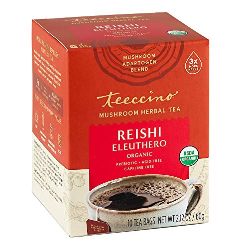 Teeccino Mushroom Adaptogen Herbal Tea – Reishi Eleuthero French Roast – Support Your Health with Mushrooms & Adaptogenic Herbs – Energy-Boosting, Fatigue Fighting Tea, 10 Tea Bags
