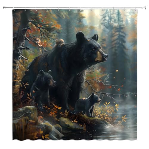 Rustic Bear Shower Curtain,Nature Forest Wildlife Bear Cabin Lake Animal Country Landscape Black Blue Bathroom Home Curtain Decor with Hooks,70x70 Inch