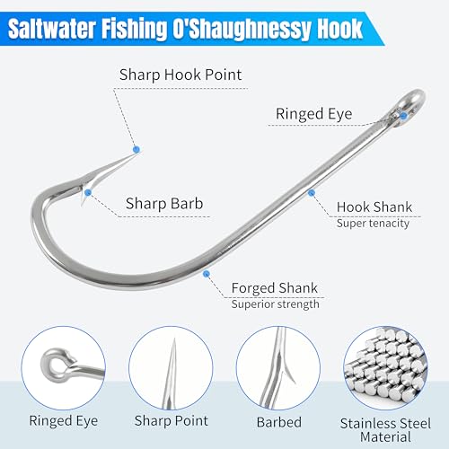 Saltwater Fishing J Hooks,35pcs O'Shaughnessy Forged Extra Strong Stainless Steel 34007 Trolling Long Shank Fishing Hooks for Sea Bass Striper Bluefish Catfish Snapper Saltwater Freshwater Fishing - Thumbnail 2