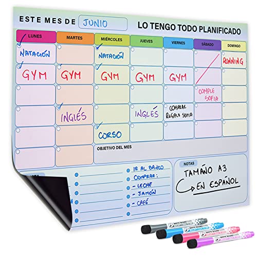 Planificador mensual magnetico - A3 - Calendario magnetico nevera - Pizarra magnetica nevera - 4 marcadores de color - Lista de la compra - Notas - En español Planificador mensual magnetico - A3 - Calendario magnetico nevera - Pizarra magnetica nevera - 4 marcadores de color - Lista de la compra - Notas - En español