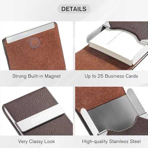 Image of ZIBUYU Business Card Holder Metal Visiting Card Case Classy Card Holder for Women & Men PU Leather Wallet Card Case with Metal Magnetic Clasp, 20 Cards (6x9.5cm) - Coffee Brown