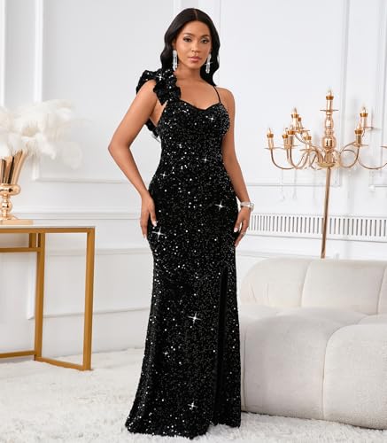 Cololura Women Sexy Elegant Sequin High Split Ruffled Hem Mermaid Party Cocktail Bodycon Formal Evening Gowns Maxi Dress4