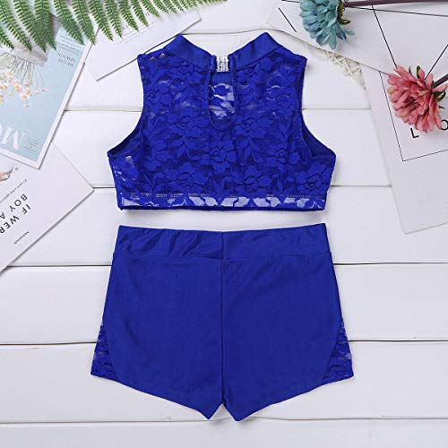 Hansber Kids Girls Two Piece Ballet Dance Sleeveless Mock Neck Floral Lace Crop Tops with Bottoms Sport Set4