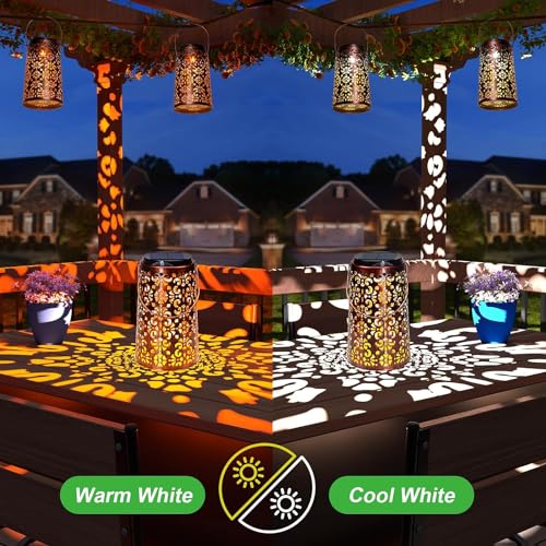 Image of JSOT Solar Lantern - Hanging Solar Lights Outdoor Waterproof, Metal Lantern Decorative Solar Powered Patio Decor for Garden Yard Backyard Porch Table Pathway Tree Lighting, Cool /Warm Light, 2 Pack