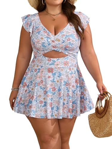 B2prity Women's Plus Size Swimsuit Tummy Control One Piece Swimdress Ruffle V Neck Cutout Wrap Bathing Suit with Skirt