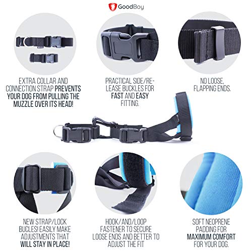 Image of Gentle Muzzle Guard for Dogs - Prevents Biting and Unwanted Chewing Safely - New Secure Comfort Fit - Soft Neoprene Padding - No More Chafing - Training Guide Helps Build Bonds with Pet (L, Blue)
