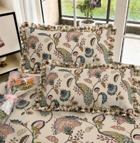 Image of Elastic Fitted King Size Bedsheet Cotton for Double Bed | 72 inchx78 inch +10 Inch, Floral, Soft & Breathable, Fade & Shrink Resistant, 2 Pillow Covers (Brown Pecock)