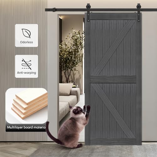 Image of S&Z TOPHAND 36 in x 84 in MDF Deep Gray British Brace Knotty Barn Door with 6.6FT Sliding Door Hardware Kit /Double -Sided Door Handle /Double Surfaces /Simple Assembly is Required