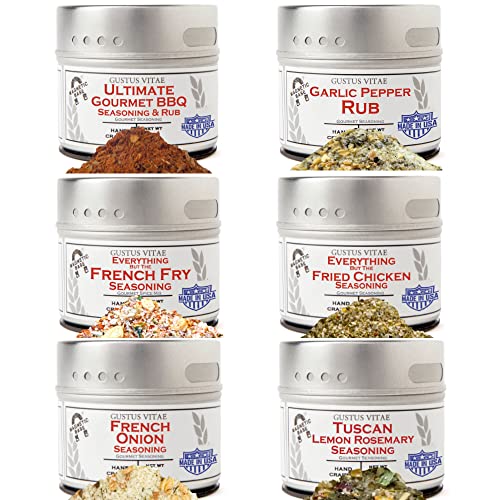 Air Fryer Kitchen Hero Seasoning Set | Authentic Small Batch Seasoning Mixes | 6 Gourmet All Natural Spice Blends Made For Air Frying | Hand Packed, Non GMO | Sustainably Sourced, Made in USA | Artisanal Spice Blends, Marinades, and Rubs | Gustus Vitae | #855