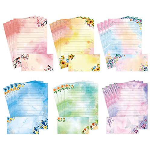 Lined Stationary Paper and Envelopes Set Floral Bird Watercolor Stationary Set with Lined Letter Writing Paper â€“ 48 Sheets + 24 Envelopes, 8 x 11 Inch of Each Stationary Paper