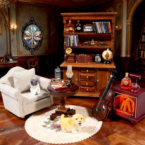 1：12 Scale Miniature House Furniture Set Classic Mini Furniture Sofa Set with Pillows Mini Couch Carpet Wooden Furnitures Bookshelf Desk Chair...