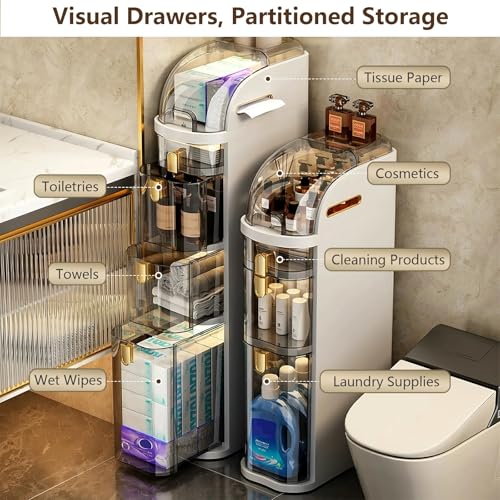 3-Tiers Narrow Bathroom Floor Storage Cabinet 7.1″ Plastic Drawers Organizer with Tissue Box and Wheels Slim Waterproof Bathroom Cabinet for Small Kitchen Laundry Living Room Toilet Gap