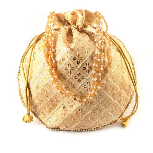 Image of Handcrafted Potli Purse with Golden Floral Embroidery and Pearl Accents