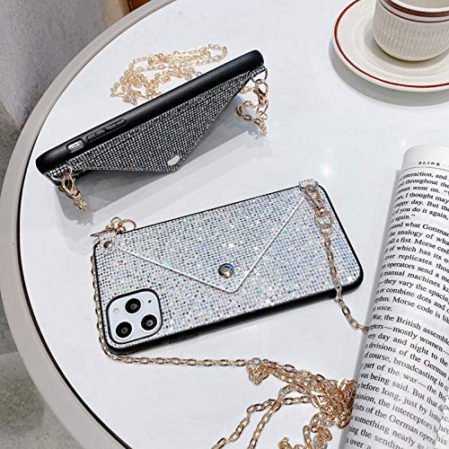 Omorro for iPhone 12 Pro Max Wallet Case, Bling Diamond Case with Credit Card Holder Slot Crossbody Chain Handbag Purse Glitter Crystal Shiny Rhinestone Protective Cover Girly Case White - Thumbnail 2