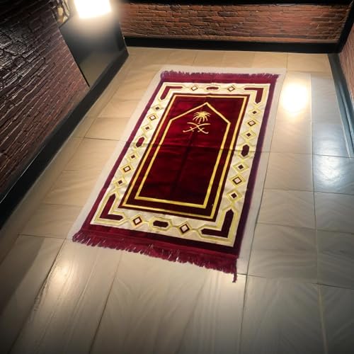 Image of Weavers Villa Prayer Mat /Aasan /Meditation Mat - Velvet Mat for Pooja, Meditation, Namaz - Maroon 70cm X 110cm - Perfect Aasan for Puja /Prayer - Floor Mat for Sitting, Multipurpose Rug