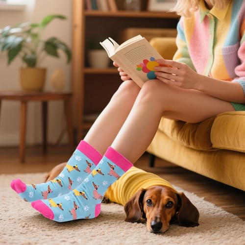 Riqiaqia 5 Paar Damen Socken Lustige Bunte Baumwolle Crew Socken mit Katze Hund Muster, Weihnachtsgeschenke für Damen Frauen, Einheitsgröße