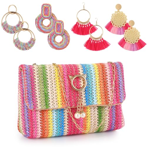 Image of Dansydaisy 5 Pack Striped Straw Clutch Purse Crossbody Vacation Handbag Woven Rattan Dangle Earrings for Women(Colorful,Cat Ear Buckle)