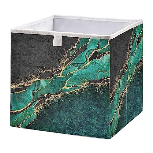 Kigai Green Gold Marble Texture Cube Storage Bin, 11x11x11 in Collapsible Fabric Storage Cubes Organizer Portable Storage Baskets for Shelves, Closets, Laundry, Nursery, Home Decor