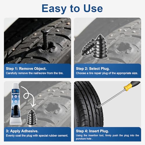 Image of Tire Repair Rubber Nails Kit, 50 PCS Screw in Tire Repair Plugs Kit with 2 Sizes, Portable Emergency Tubeless Tire Repair Kit for Cars, SUVs, Motorcycles and ATVs (25S+25L+20ML+1Screwdriver)