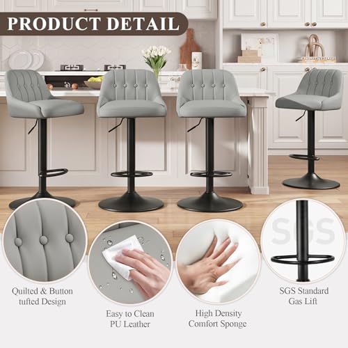 Image of MALOL Bar Stools Set of 4, Swivel Bar Chairs, Modern Adjustable PU Leather Upholstered Barstools Counter Height with Tufted Back for Bar, Kitchen Counter Island, Dining Room, Grey
