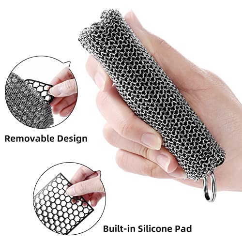 Image of SUBEKYU Superfine Cast Iron Chainmail Scrubber, Kitchen 316 Stainless Steel Cast Iron Cleaner with Silicone Insert for Washing Cast Iron Pans /Dishes /Sinks, 1P