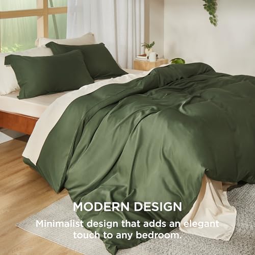 Bedsure Silky Cooling Duvet Cover King Size - Lightweight 100% Rayon Derived from Bamboo Comforter Cover Set for Hot Sleepers, Breathable & Moisture-Wicking Bedding Set, Olive Green