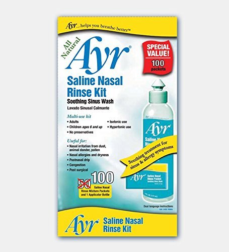 Ayr Saline Nasal Rinse Kit, Soothing Sinus Wash, Multi-Use Isotonic & Hypertonic, Gluten Free, No Preservatives, 100 Packets + Applicator Bottle, 5.9 fl oz
