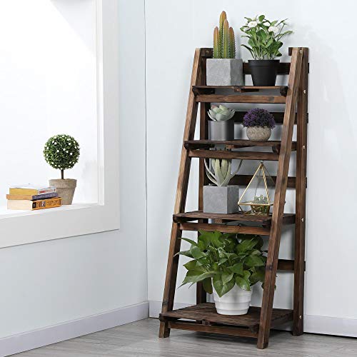 YAHEETECH 4-Tier Wooden Foldable Ladder Shelf Magazine Holders Literature Racks Plant Stands Folding Flower Display Pot Decorative Storage Free Standing Indoors/Outdoors Rustic No Assembly Required